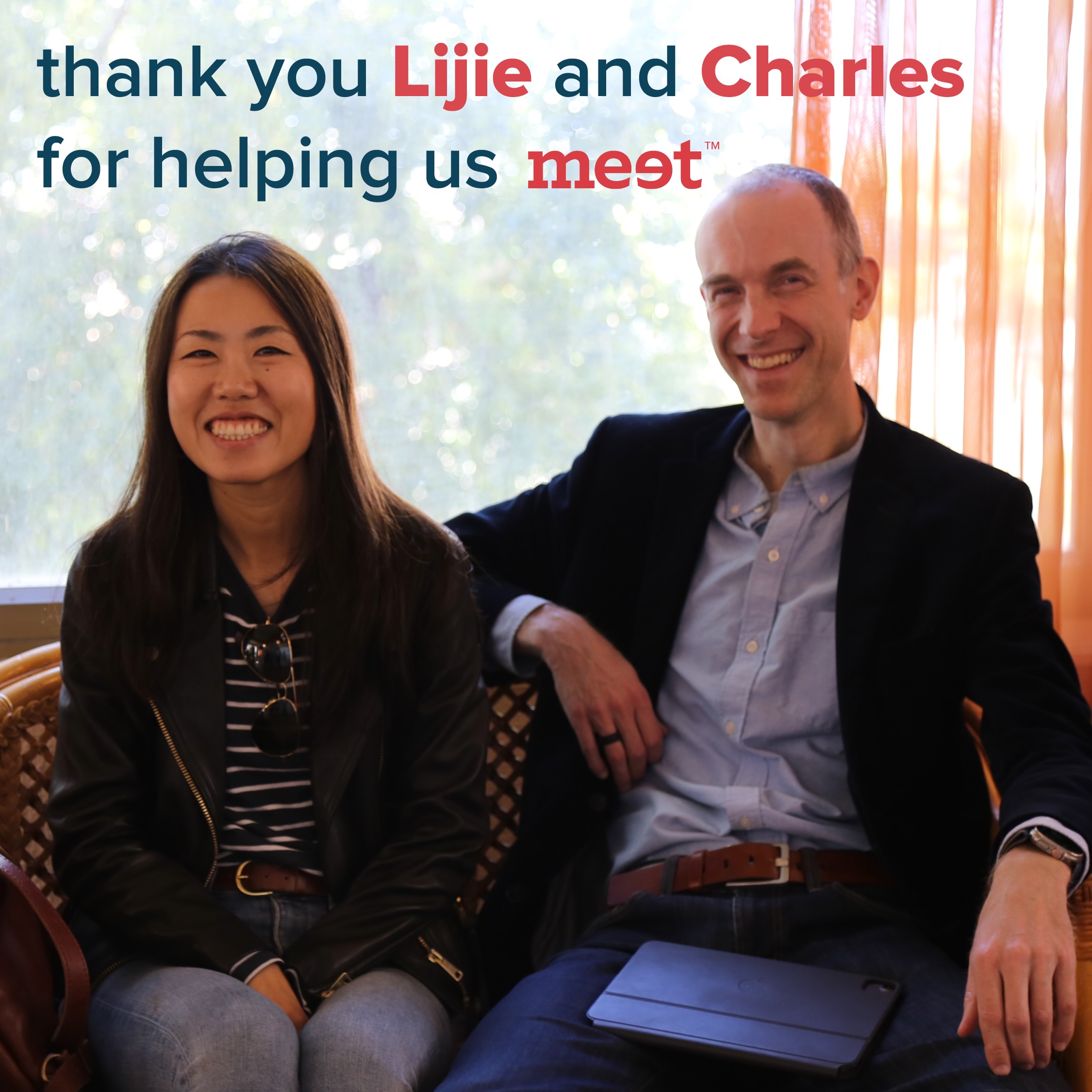 Thank-you image from MEET reading: thank you Lijie and Charles for helping us meet — Lijie and Chuck seated together smiling.