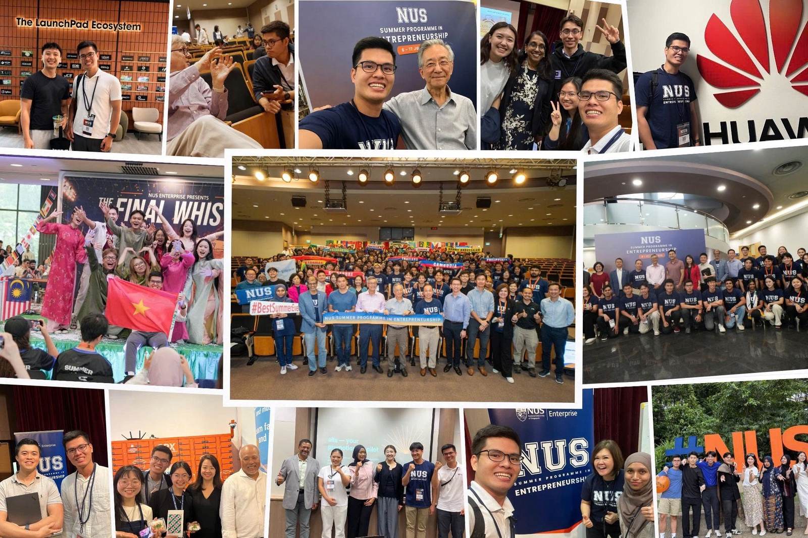 Collage from the NUS Enterprise Summer Programme in Entrepreneurship 2026: the full cohort assembled in a lecture theatre behind national flags from across ASEAN and beyond, students at the NUS LaunchPad Ecosystem wall and on a learning visit to Huawei Singapore, a team presenting the aila promotion co-pilot slide, and the Final Whistle closing ceremony.