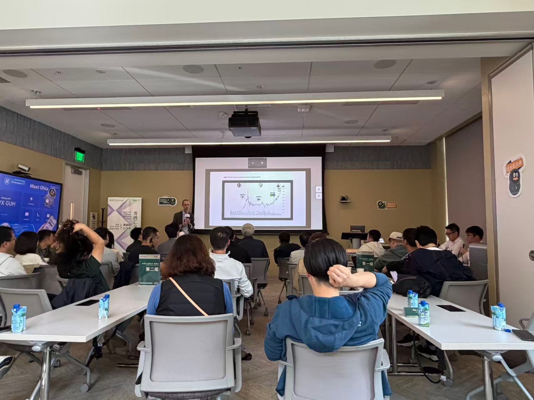 Chuck Eesley at the front of the Tencent Palo Alto meeting room presenting a line-chart slide on AI transformation to the Silicon Valley Innovation Academy cohort