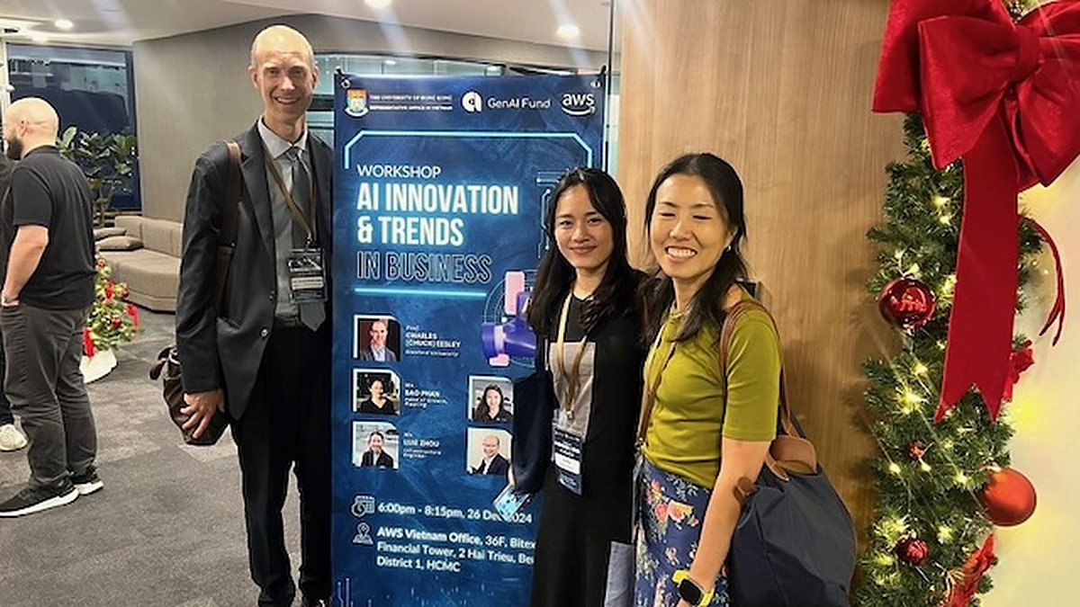 Chuck Eesley, Bao Phan, and Lijie Zhou at the AI Innovation & Trends in Business workshop, AWS Vietnam Office, Ho Chi Minh City, December 26, 2024